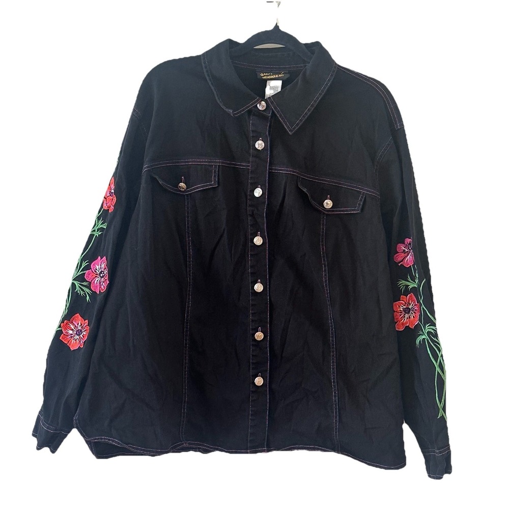 Bob Mackie Black Shirt Womens Embroidered Floral Wearable Art Retro Plus Sz 2X